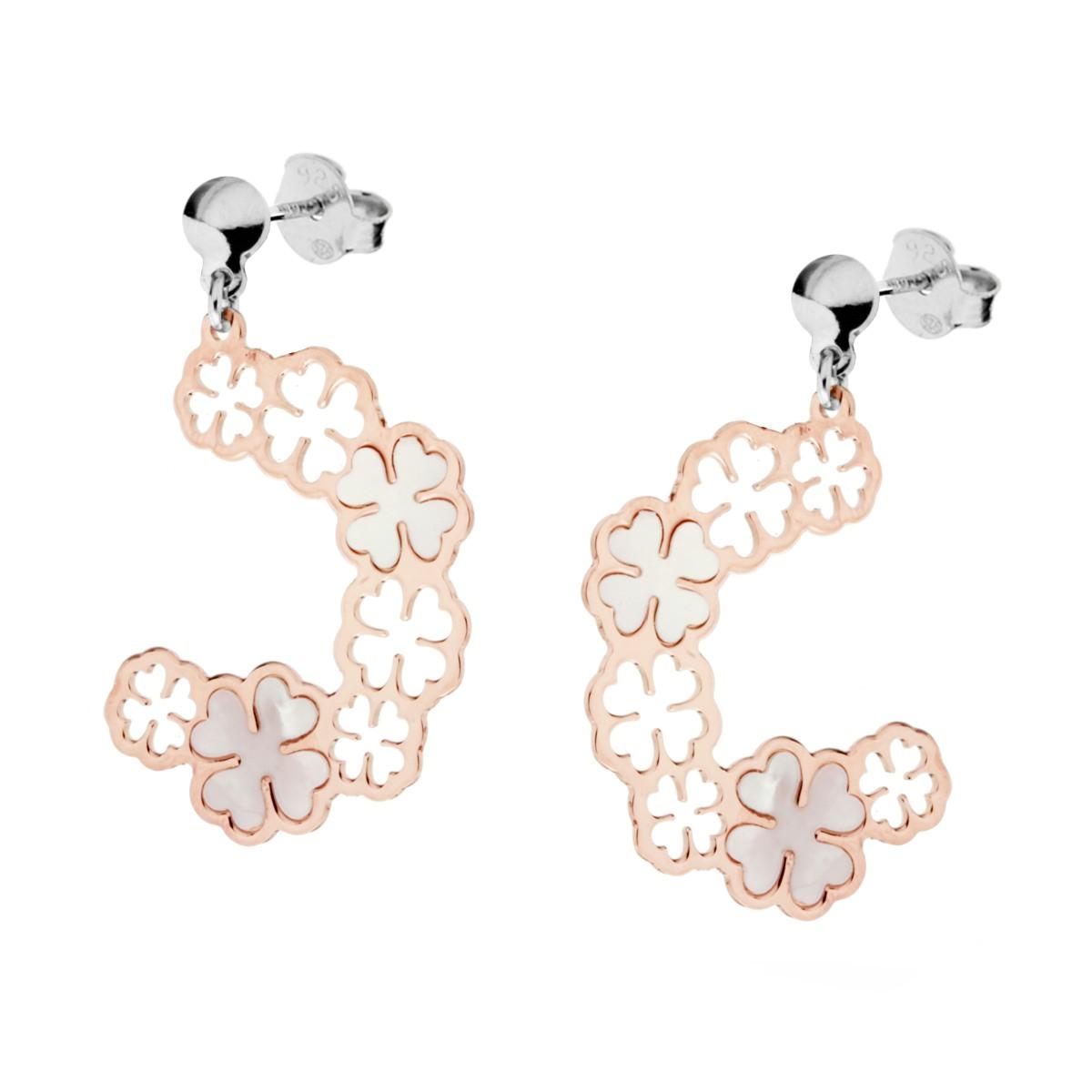 Orecchini Pendenti con Quadrifoglio e Madreperla in ARGENTO 925 Galvanica Rosa<BR>