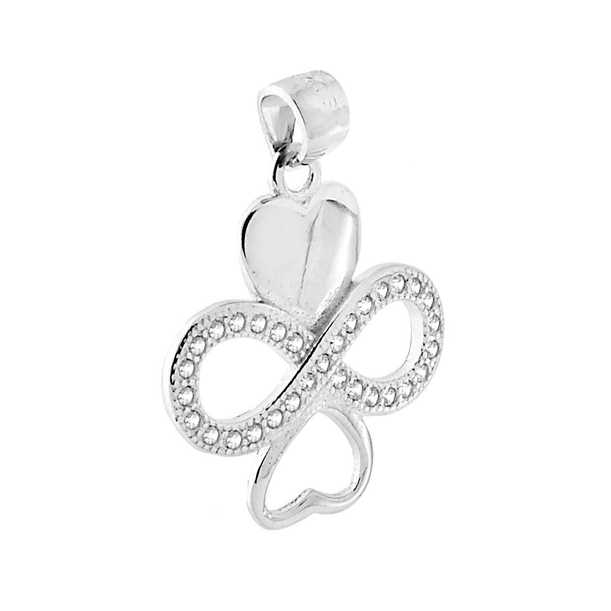 Ciondolo con Accessori a forma di Cuori, uno Plain ed uno Vuoto, con Accessorio centrale a forma di Infinito con Zirconi Bianchi.