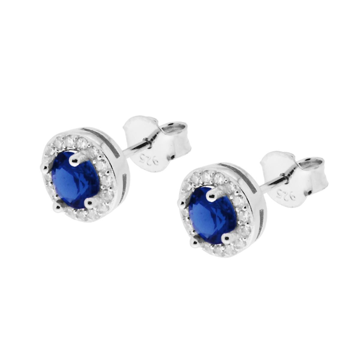 Orecchini forma Tonda con Zircone Blu Zaffiro contornato con Zirconi Bianchi in ARGENTO 925 Galvanica Rodio