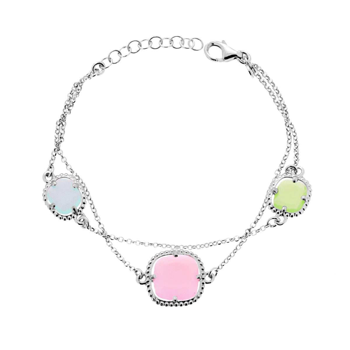 Bracciale Due Fili Catena Rolo Diamantata con Pietre Quadrate Multicolor in ARGENTO 925 Galvanica Rodio