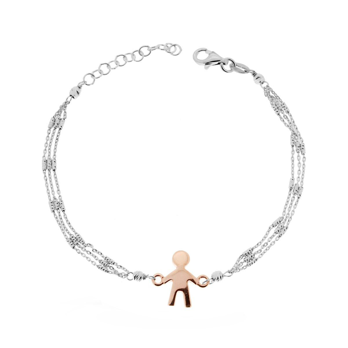 Bracciale tre fili con Palline diamantate e Bimbo colore Rosa in ARGENTO 925 Galvanica Rodio<BR>