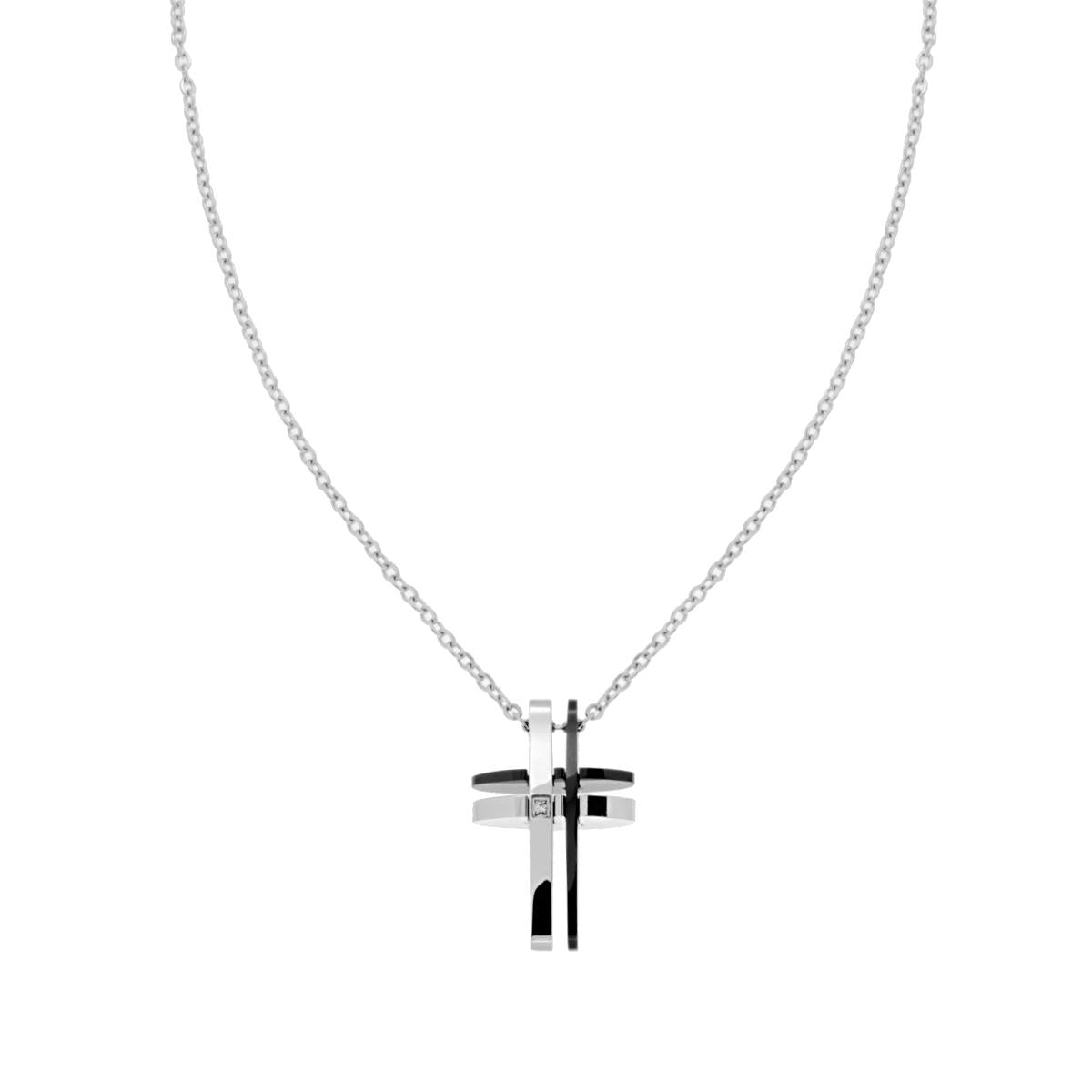 Collana con Catena Forzatina Diamantata e Croce pendente e Crystal Bianco in ACCIAIO