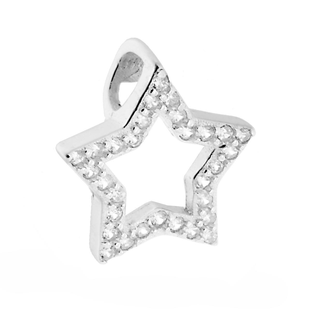 Ciondolo a forma di Stella, con passante per Catena, con Zirconi Bianchi.