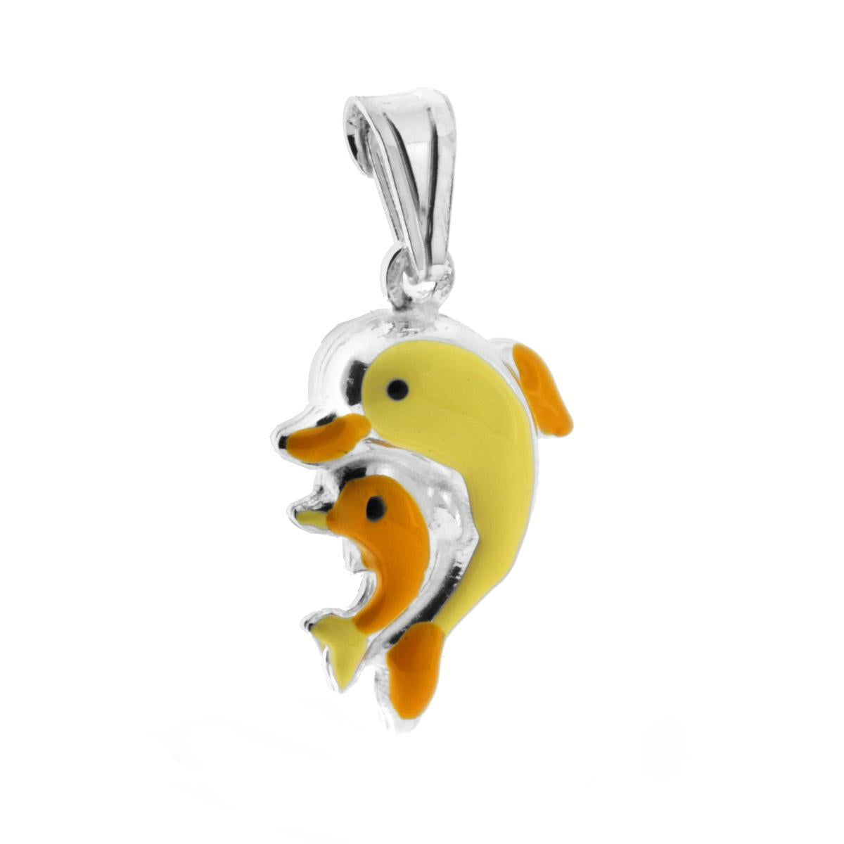 Ciondolo bombato, effetto tridimensionale, per Bimbo e Bimba, a forma di Delfini con applicazione smalt colore Giallo.<BR>Made in Italy