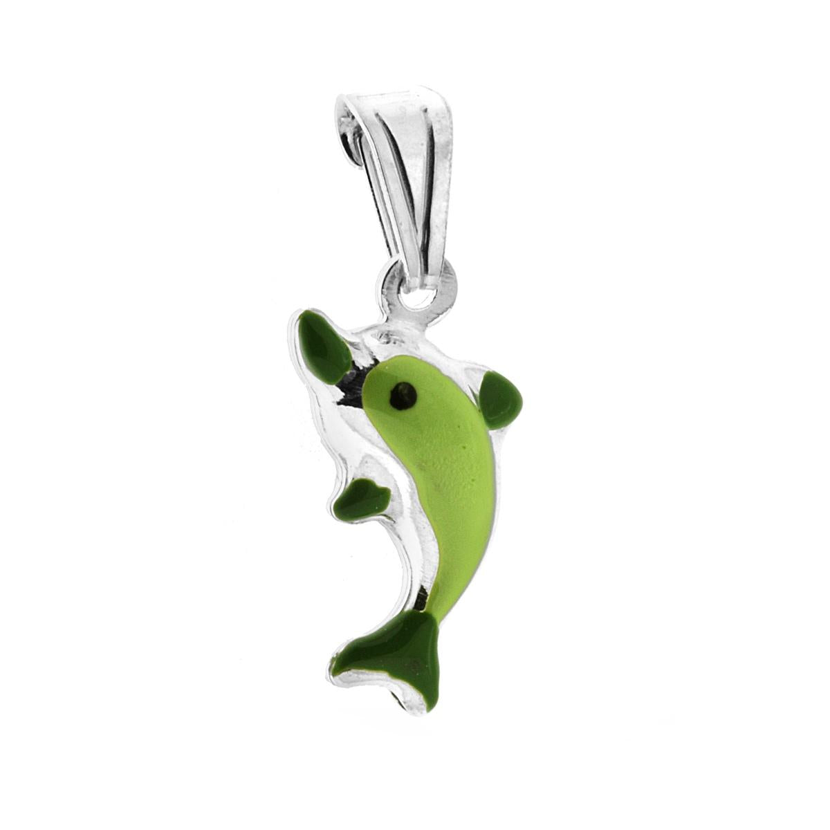 Ciondolo bombato, effetto tridimensionale, per Bimbo e Bimba, a forma di Delfino con applicazione smalt colore Verde.<BR>Made in Italy