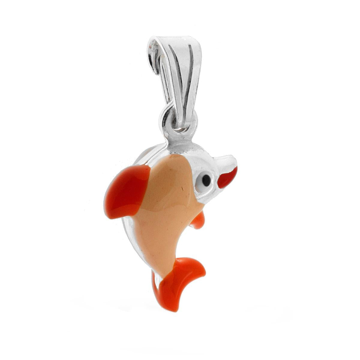 Ciondolo bombato, effetto tridimensionale, per Bimbo e Bimba, a forma di Delfino con applicazione smalt colore Arancione.<BR>Made in Italy