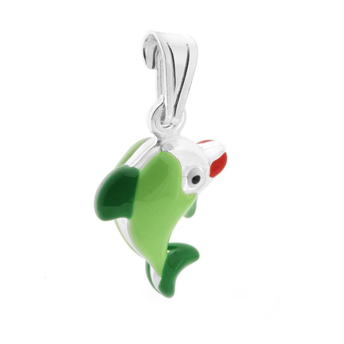 Ciondolo bombato, effetto tridimensionale, per Bimbo e Bimba, a forma di Delfino con applicazione smalt colore Verde.<BR>Made in Italy