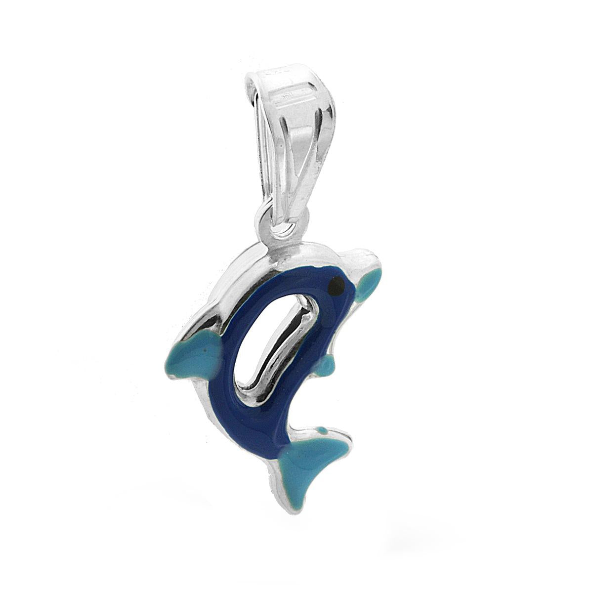 Ciondolo bombato, effetto tridimensionale, per Bimbo e Bimba, a forma di Delfino con applicazione smalt colore Blu.<BR>Made in Italy
