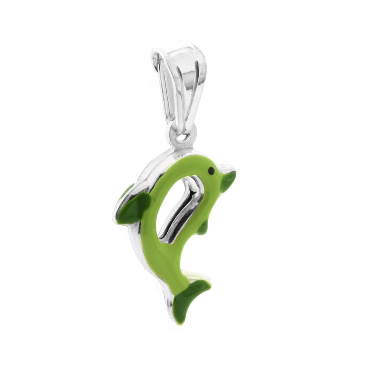 Ciondolo bombato, effetto tridimensionale, per Bimbo e Bimba, a forma di Delfino con applicazione smalt colore Verde.<BR>Made in Italy