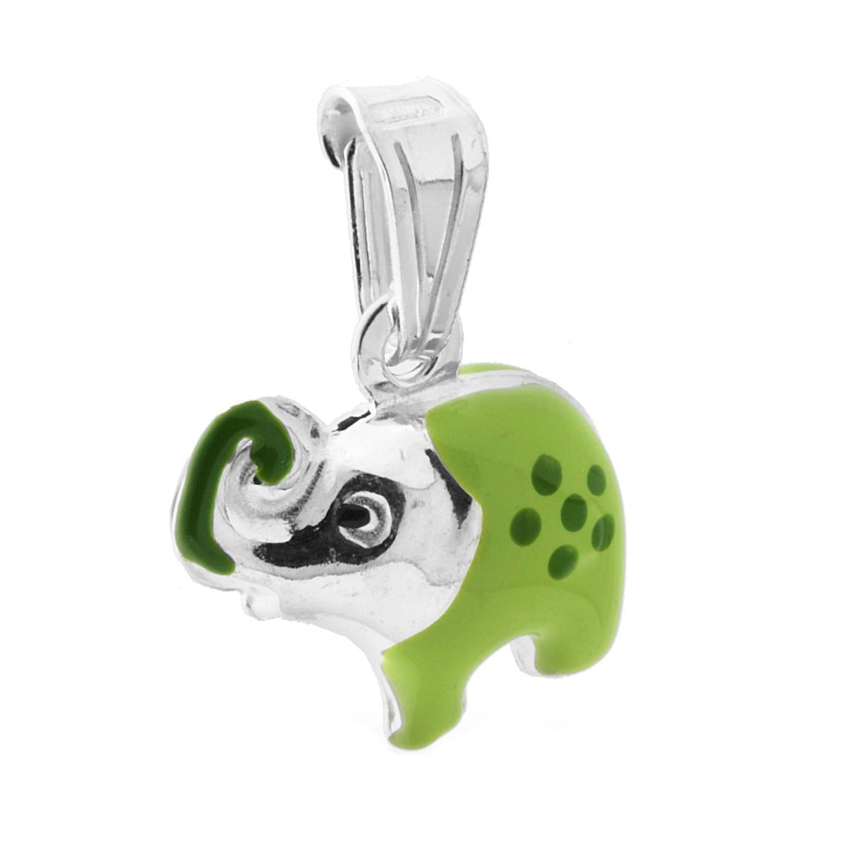 Ciondolo bombato, effetto tridimensionale, per Bimbo e Bimba, a forma di Elefante con applicazione smalt colore Verde.<BR>Made in Italy