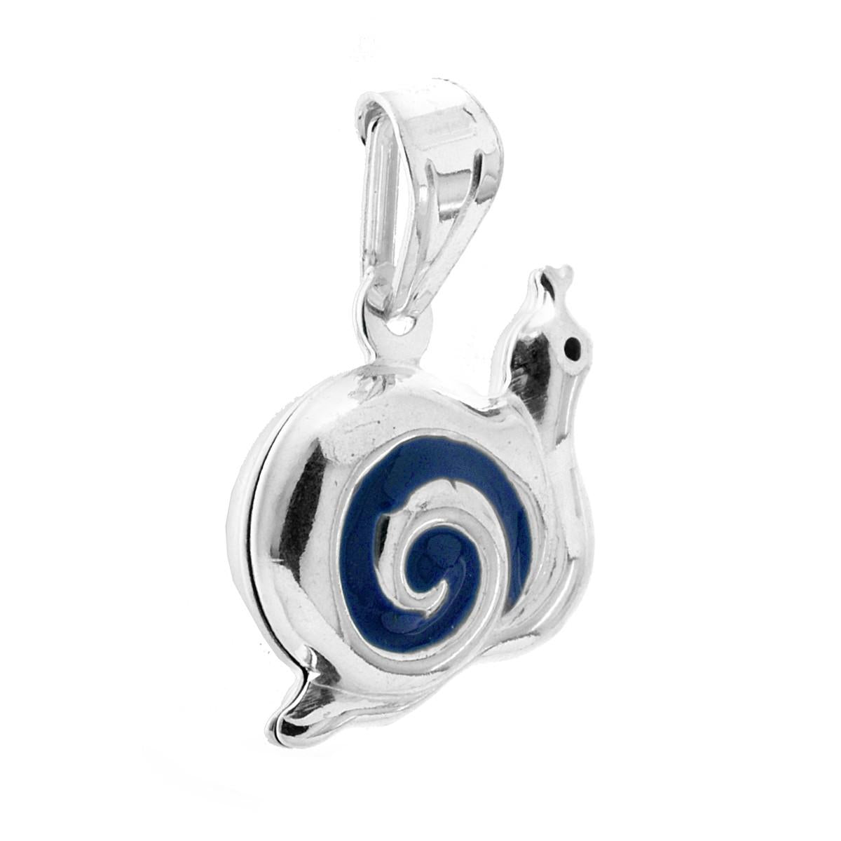 Ciondolo bombato, effetto tridimensionale, per Bimbo e Bimba, a forma di Lumaca con applicazione smalto colore Blu.<BR>Made in Italy