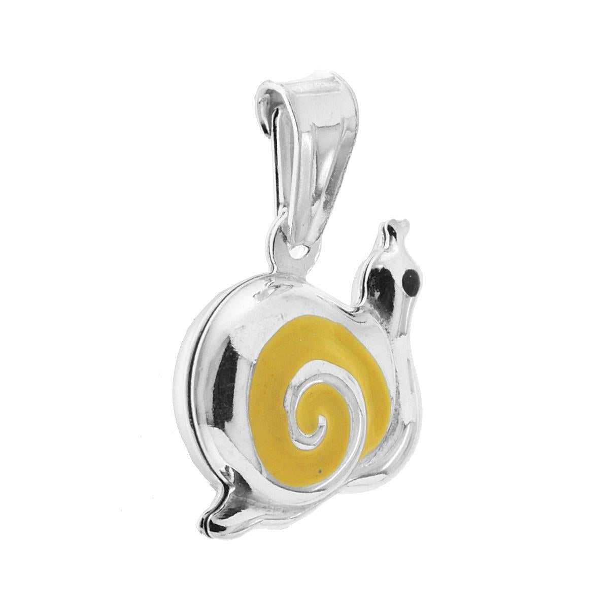Ciondolo bombato, effetto tridimensionale, per Bimbo e Bimba, a forma di Lumaca con applicazione smalto colore Giallo.<BR>Made in Italy