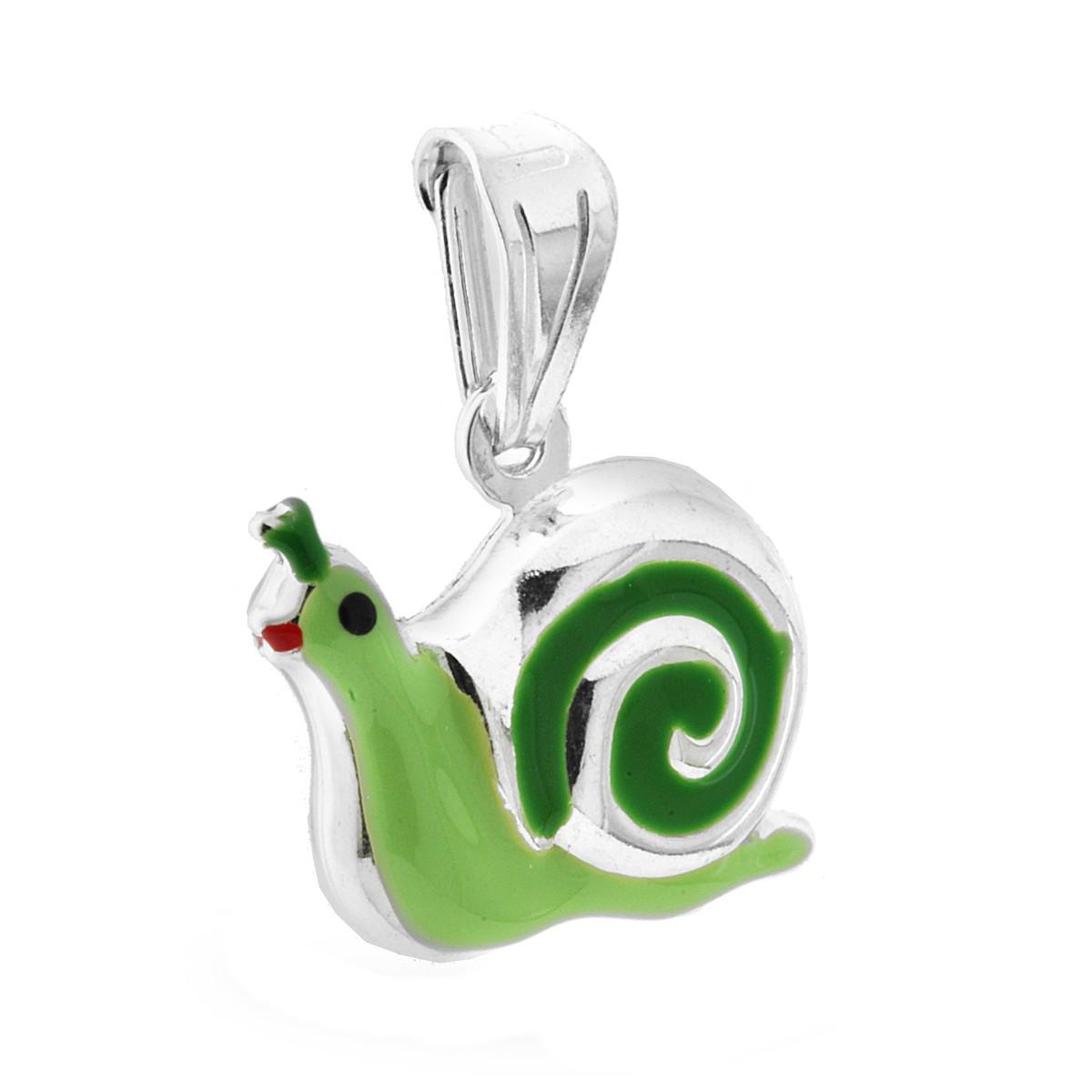 Ciondolo bombato, effetto tridimensionale, per Bimbo e Bimba, a forma di Lumaca con applicazione smalto colore Verde.<BR>Made in Italy