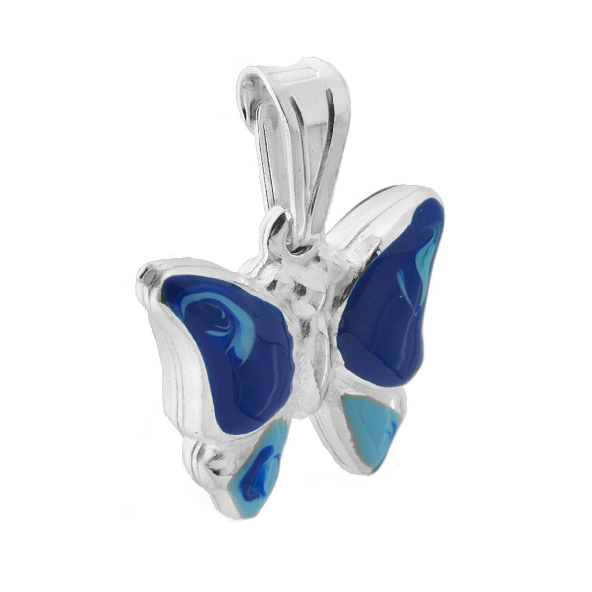 Ciondolo bombato, effetto tridimensionale, per Bimbo e Bimba, a forma di Farfalla con applicazione smalto colore Blu.<BR>Made in Italy