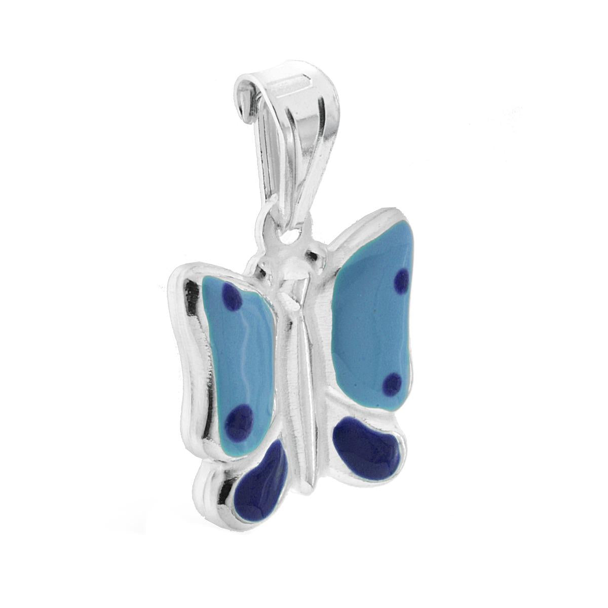 Ciondolo bombato, effetto tridimensionale, per Bimbo e Bimba, a forma di Farfalla con applicazione smalto colore Azzurro.<BR>Made in Italy