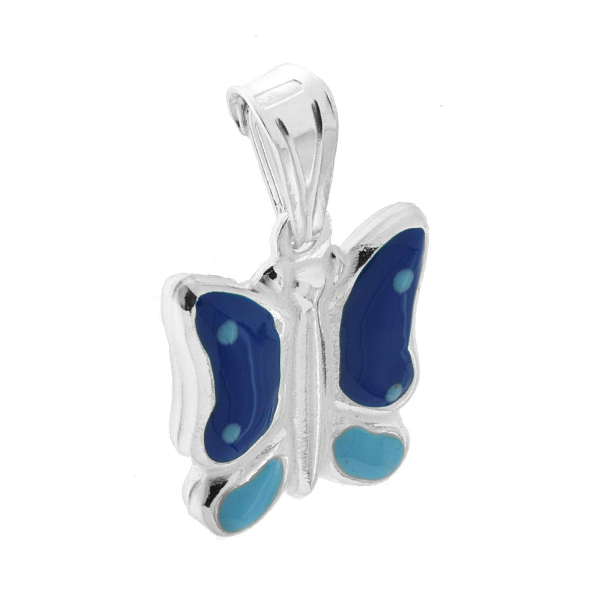 Ciondolo bombato, effetto tridimensionale, per Bimbo e Bimba, a forma di Farfalla con applicazione smalto colore Blu.<BR>Made in Italy