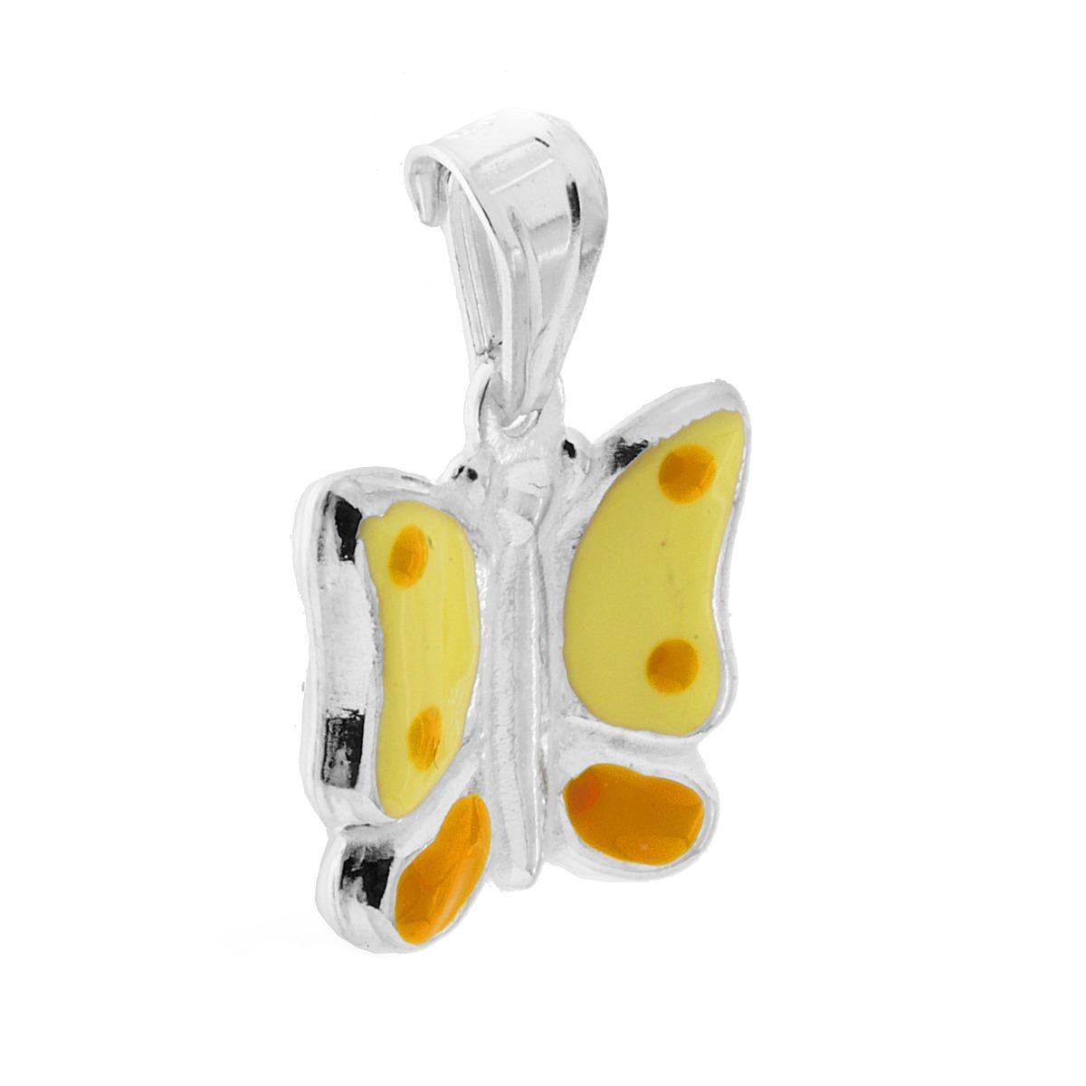 Ciondolo bombato, effetto tridimensionale, per Bimbo e Bimba, a forma di Farfalla con applicazione smalto colore Giallo.<BR>Made in Italy