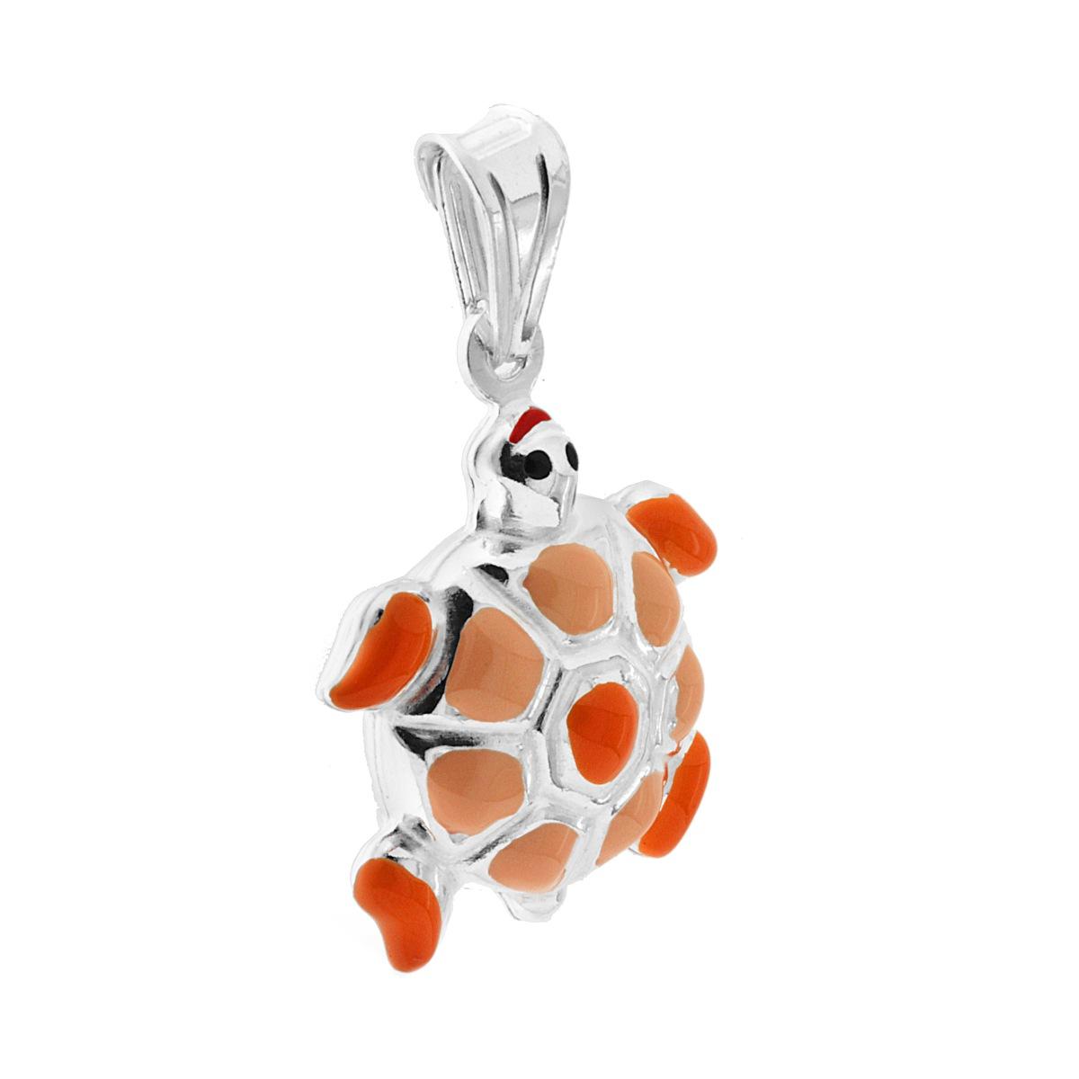 Ciondolo bombato, effetto tridimensionale, per Bimbo e Bimba, a forma di Tartaruga con applicazione smalto colore Arancione.<BR>Made in Italy