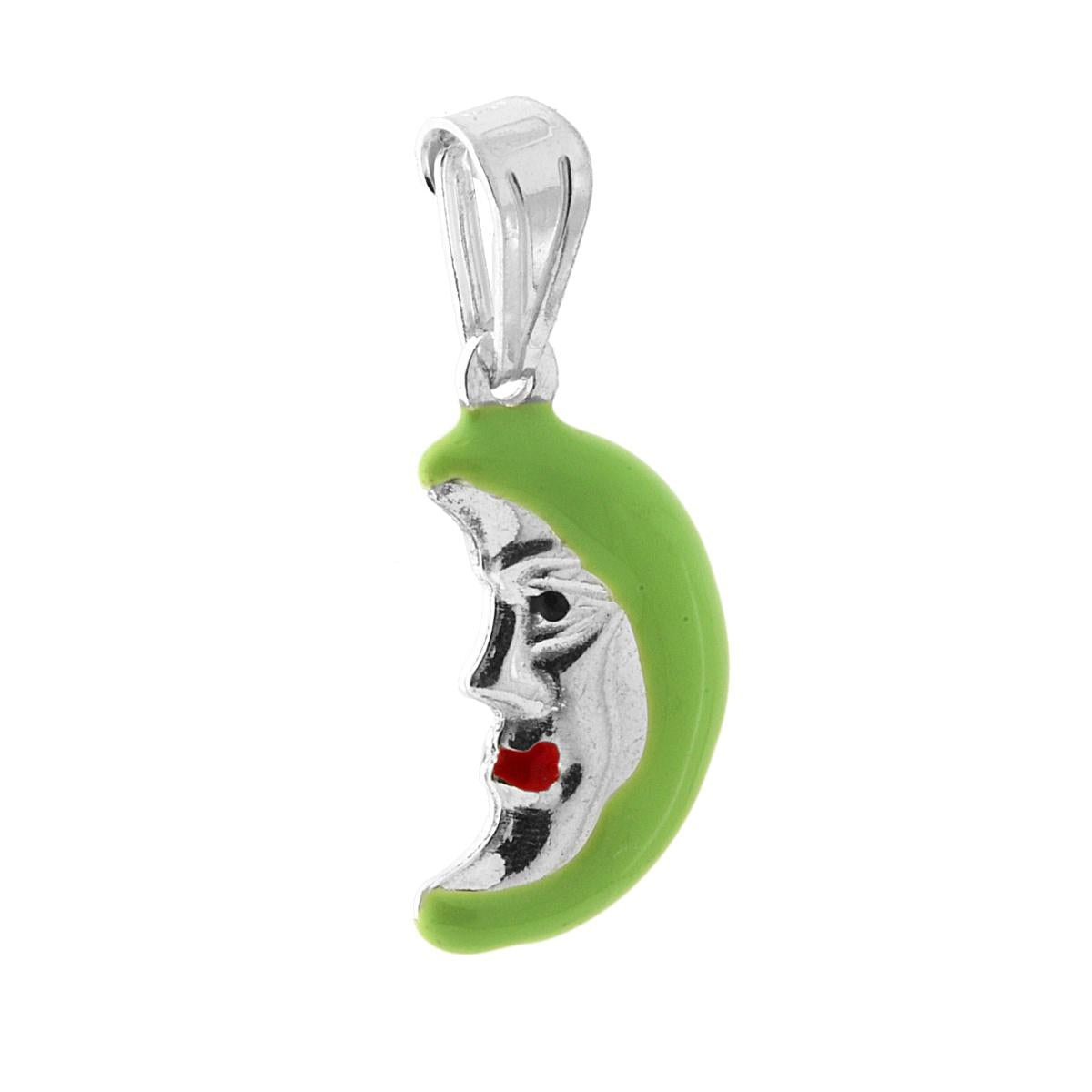 Ciondolo bombato, effetto tridimensionale, per Bimbo e Bimba, a forma di Luna con applicazione smalto colore Verde.<BR>Made in Italy