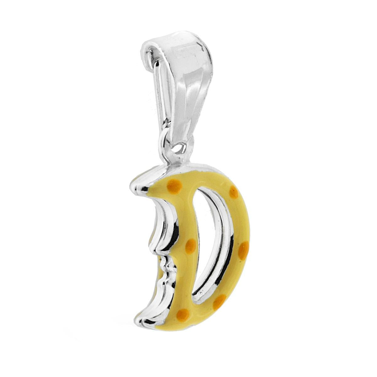 Ciondolo bombato, effetto tridimensionale, per Bimbo e Bimba, a forma di Luna con applicazione smalto colore Giallo.<BR>Made in Italy