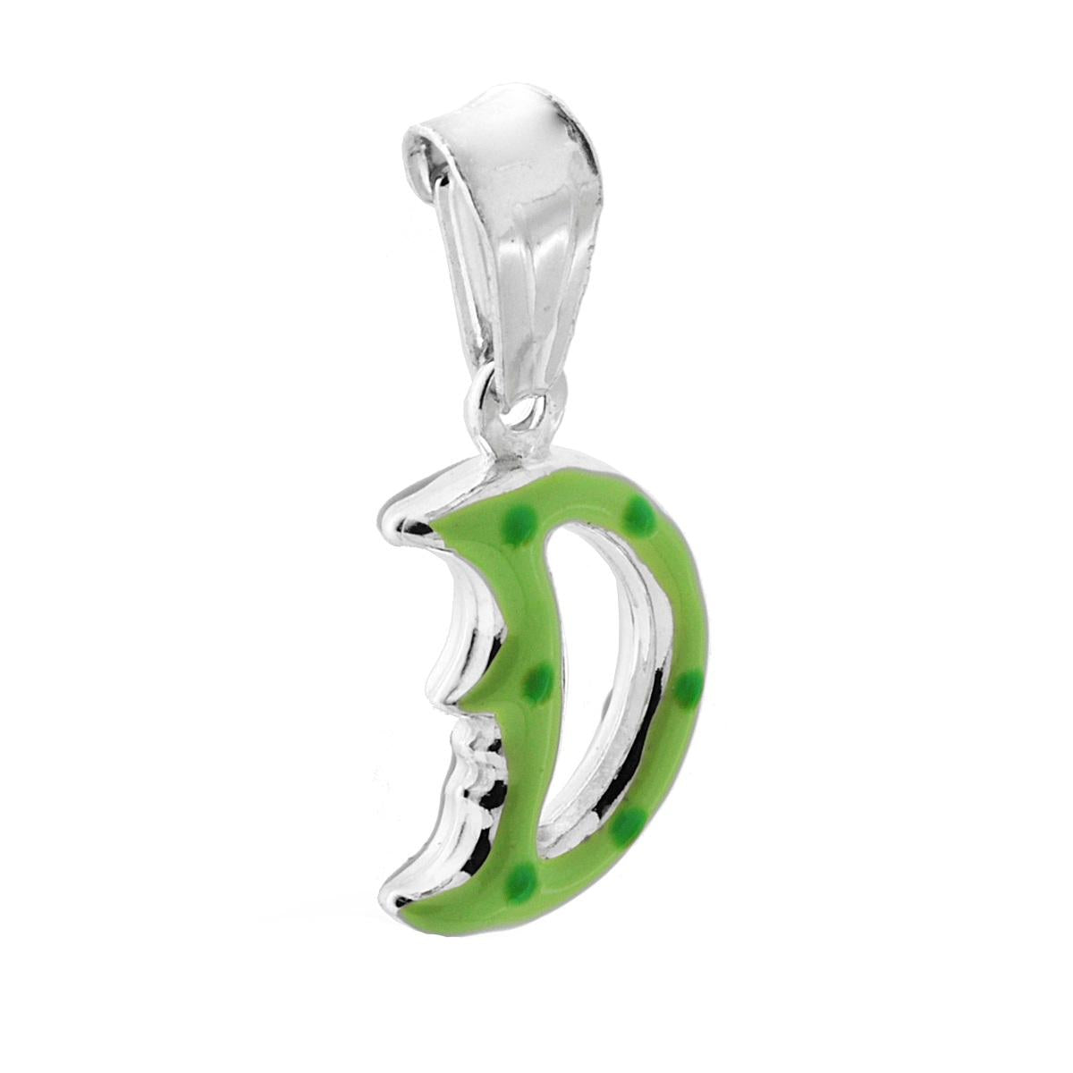 Ciondolo bombato, effetto tridimensionale, per Bimbo e Bimba, a forma di Luna con applicazione smalto colore Verde.<BR>Made in Italy