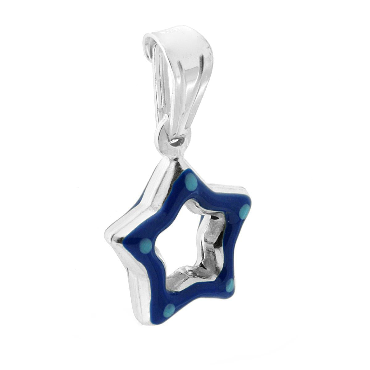 Ciondolo bombato, effetto tridimensionale, per Bimbo e Bimba, a forma di Stella con applicazione smalto colore Blu.<BR>Made in Italy