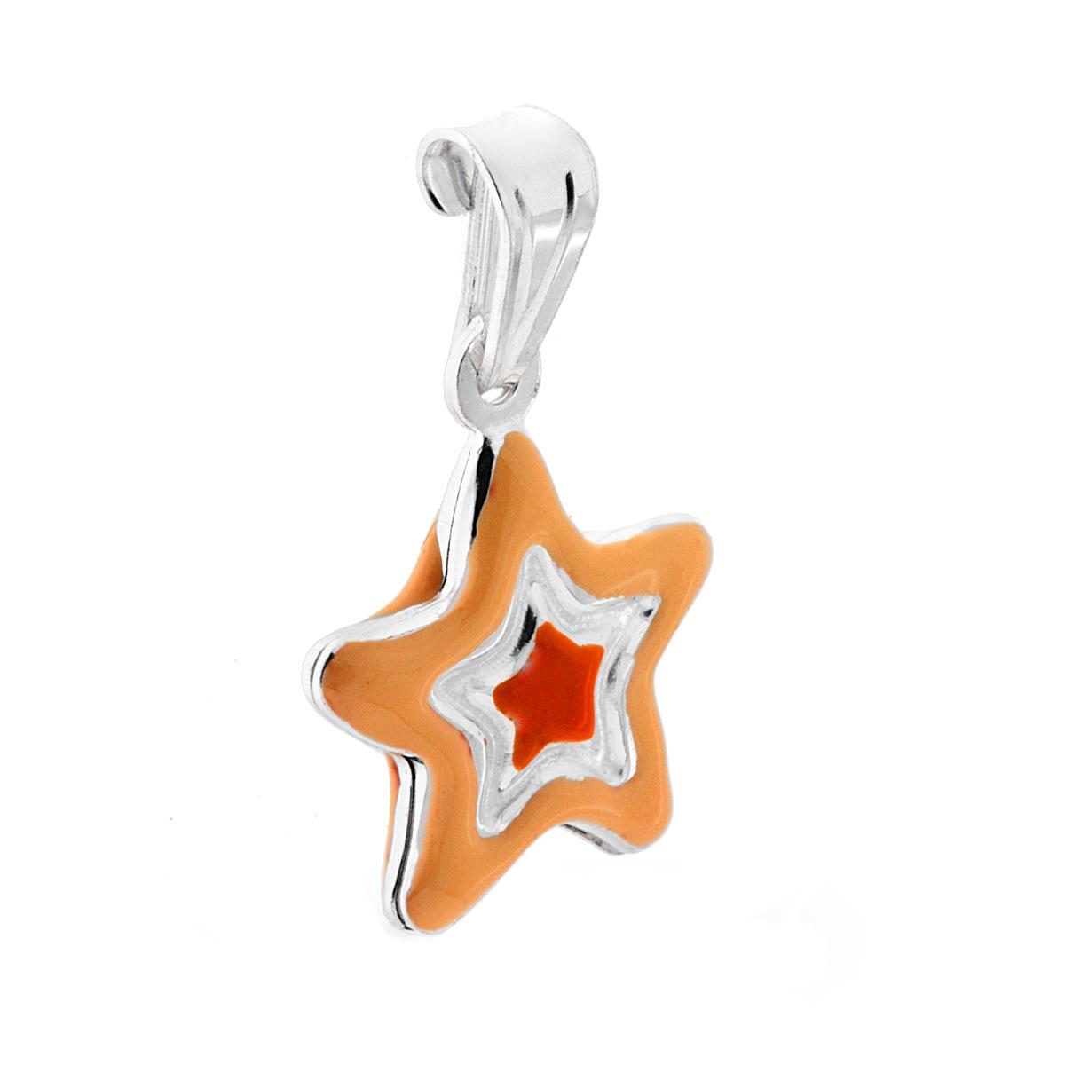 Ciondolo bombato, effetto tridimensionale, per Bimbo e Bimba, a forma di Stella con applicazione smalto colore Arancione.<BR>Made in Italy