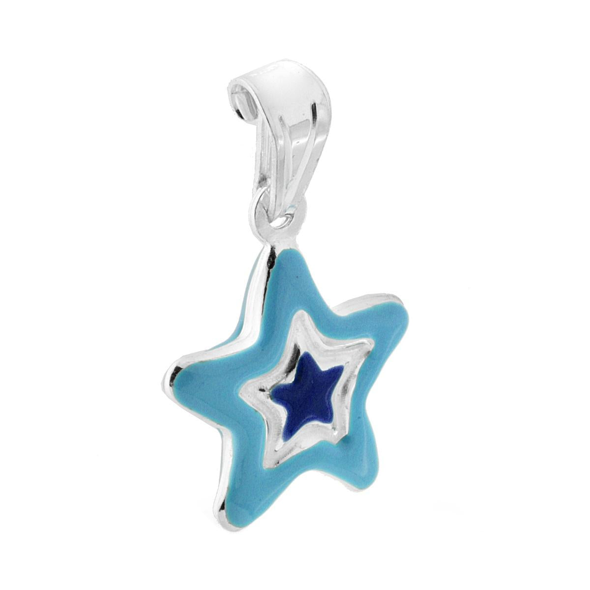 Ciondolo bombato, effetto tridimensionale, per Bimbo e Bimba, a forma di Stella con applicazione smalto colore Azzurro.<BR>Made in Italy