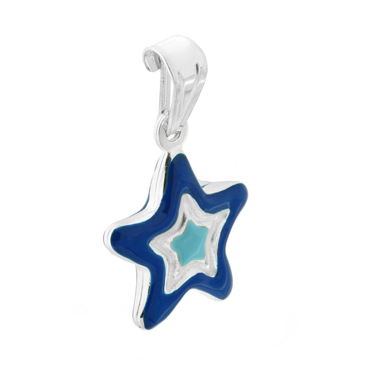 Ciondolo bombato, effetto tridimensionale, per Bimbo e Bimba, a forma di Stella con applicazione smalto colore Blu.<BR>Made in Italy