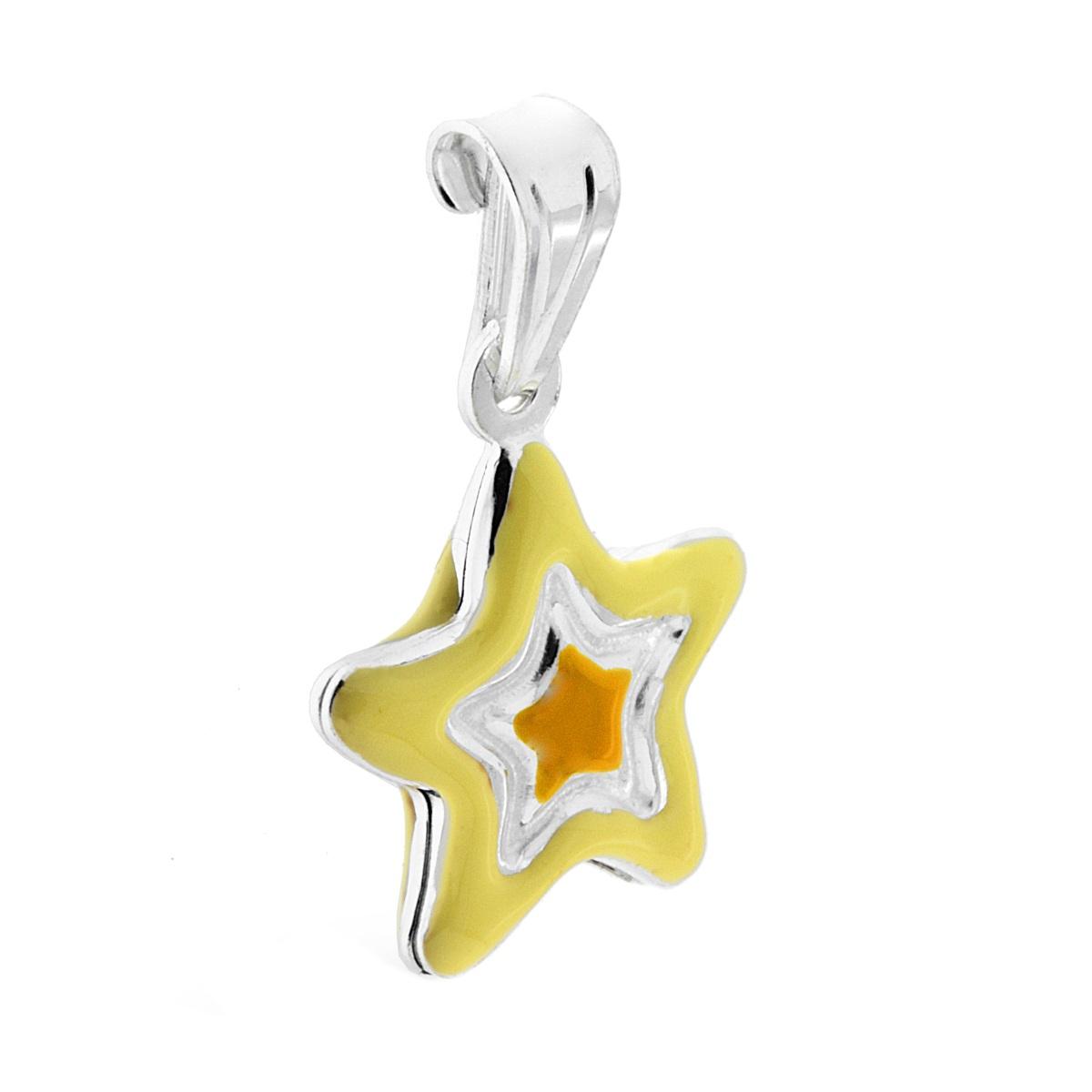 Ciondolo bombato, effetto tridimensionale, per Bimbo e Bimba, a forma di Stella con applicazione smalto colore Giallo.<BR>Made in Italy
