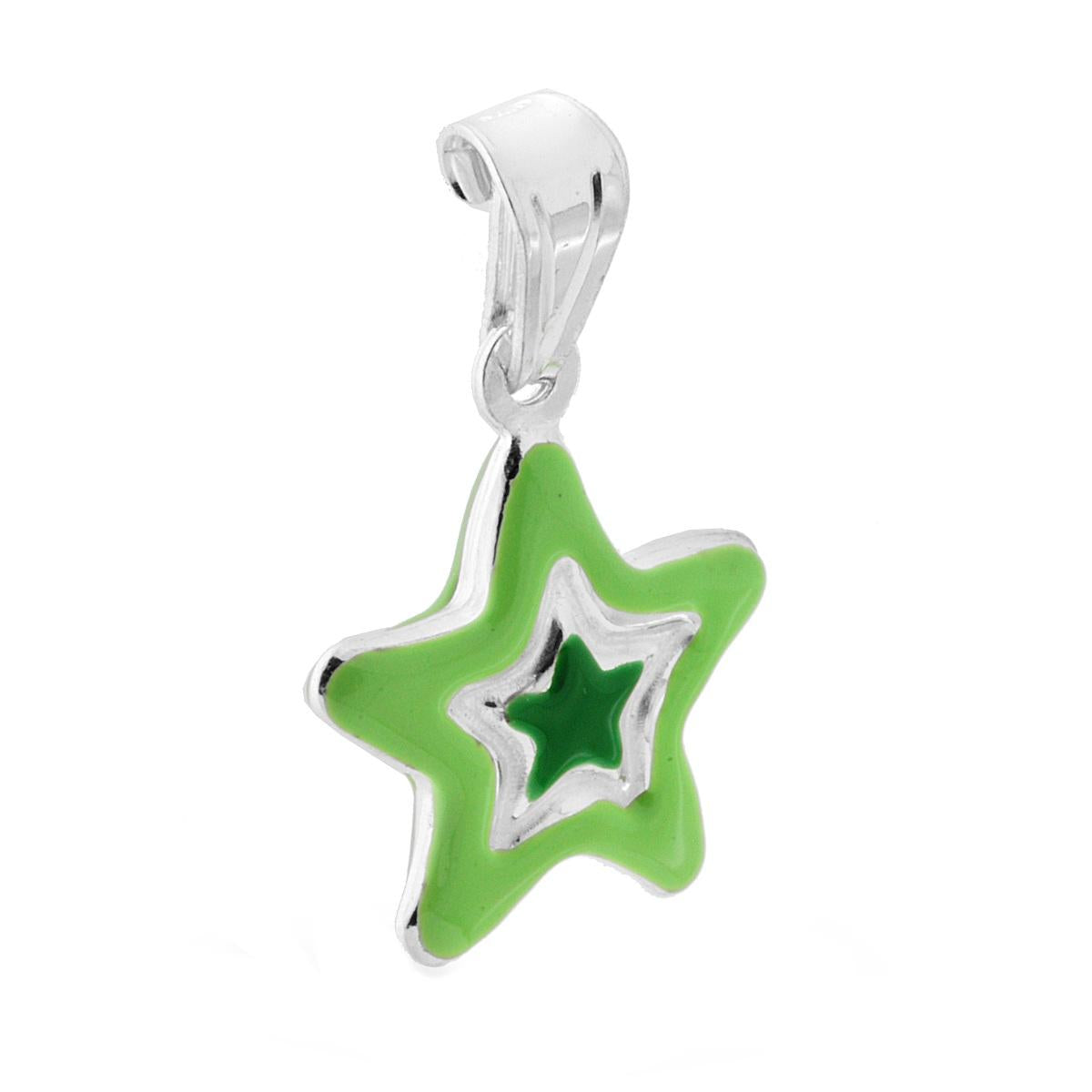 Ciondolo bombato, effetto tridimensionale, per Bimbo e Bimba, a forma di Stella con applicazione smalto colore Verde.<BR>Made in Italy