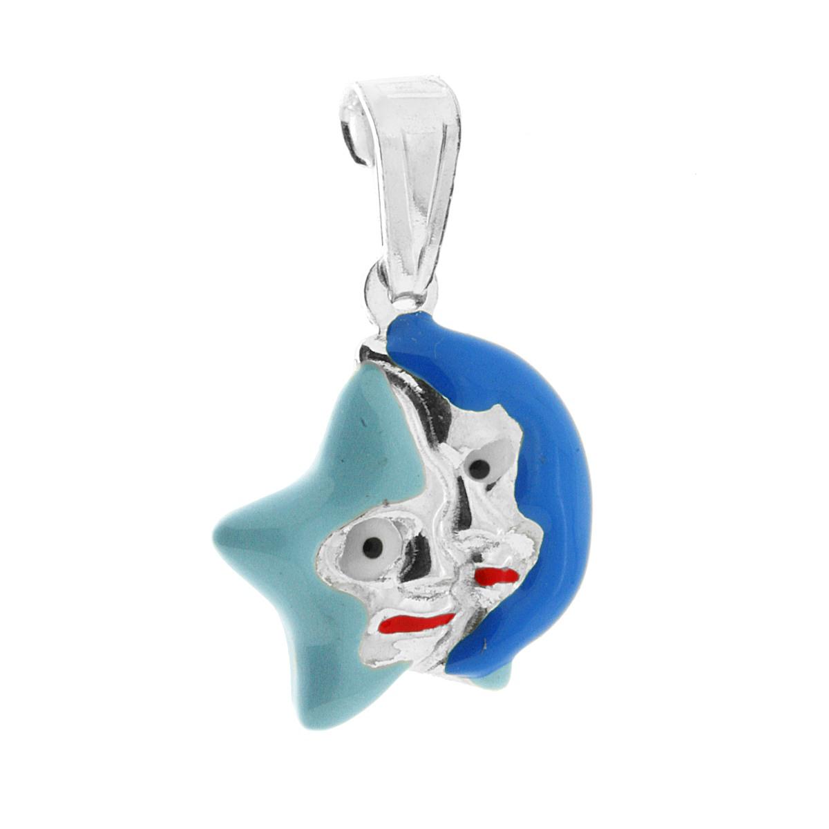 Ciondolo bombato, effetto tridimensionale, per Bimbo e Bimba, a forma di Stella e Luna con applicazione smalto colore Azzurro e Blu.<BR>Made in Italy