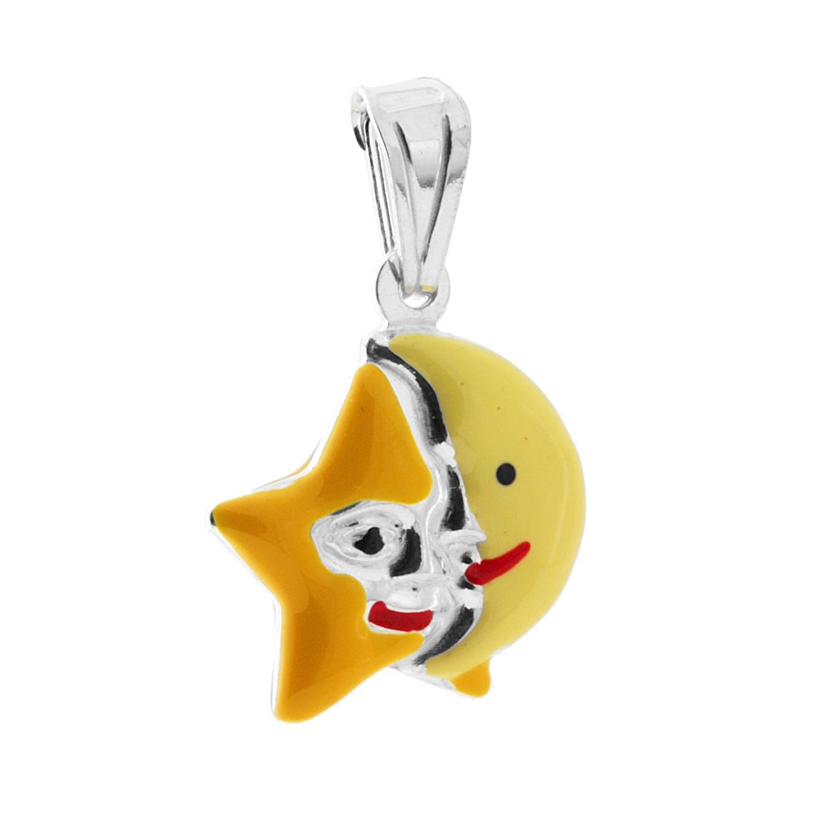 Ciondolo bombato, effetto tridimensionale, per Bimbo e Bimba, a forma di Stella e Luna con applicazione smalto colore Giallo.<BR>Made in Italy