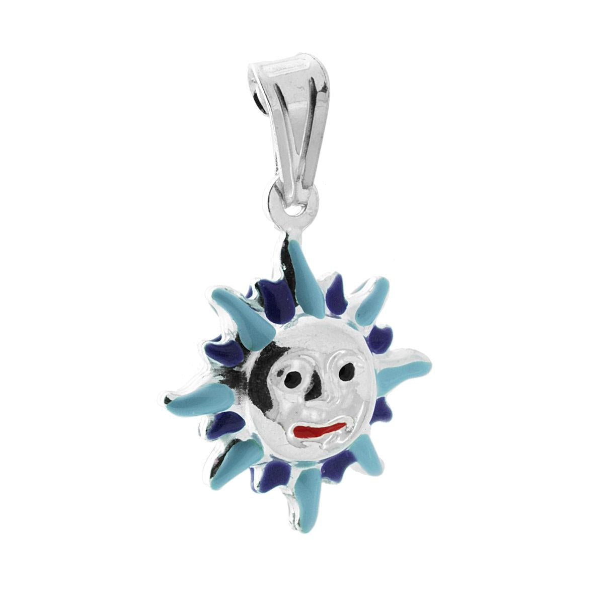 Ciondolo bombato, effetto tridimensionale, per Bimbo e Bimba, a forma di Sole con applicazione smalt colore Azzurro.<BR>Made in Italy