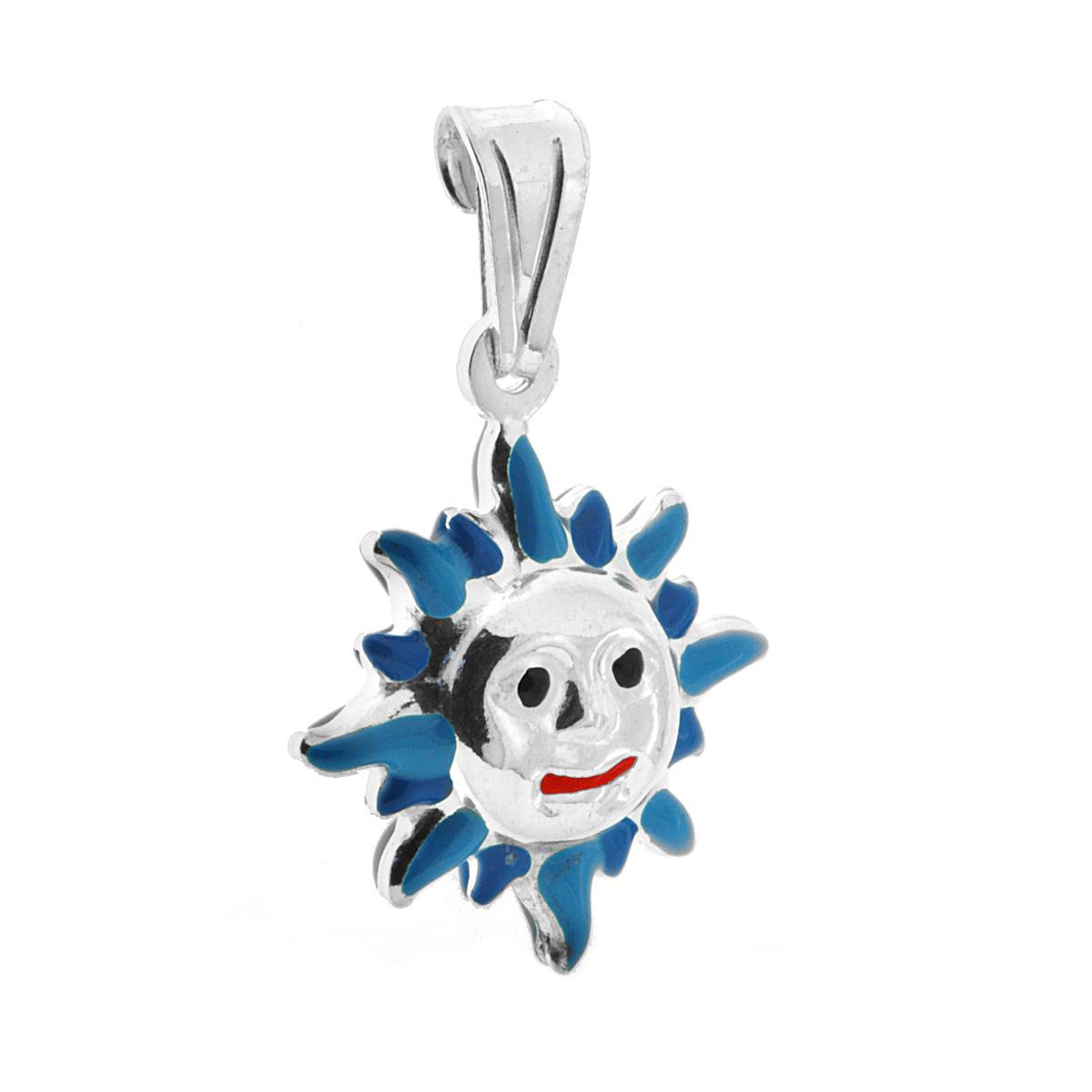 Ciondolo bombato, effetto tridimensionale, per Bimbo e Bimba, a forma di Sole con applicazione smalt colore Blu.<BR>Made in Italy