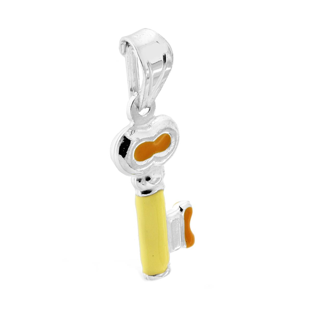 Ciondolo bombato, effetto tridimensionale, per Bimbo e Bimba, a forma di Chiave con applicazione smalto colore Giallo.<BR>Made in Italy