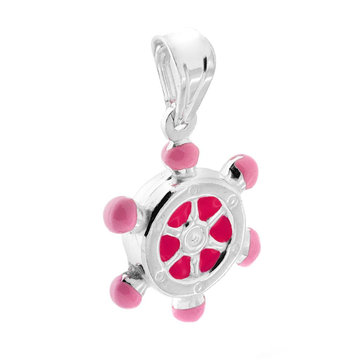 Ciondolo bombato, effetto tridimensionale, per Bimbo e Bimba, a forma di Timone con applicazione smalto colore Rosa.<BR>Made in Italy