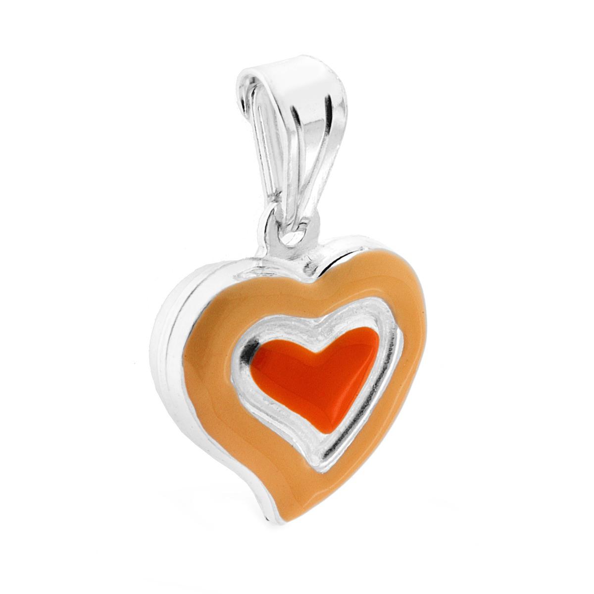 Ciondolo bombato, effetto tridimensionale, per Bimbo e Bimba, a forma di Cuore con applicazione smalto colore Arancione.<BR>Made in Italy