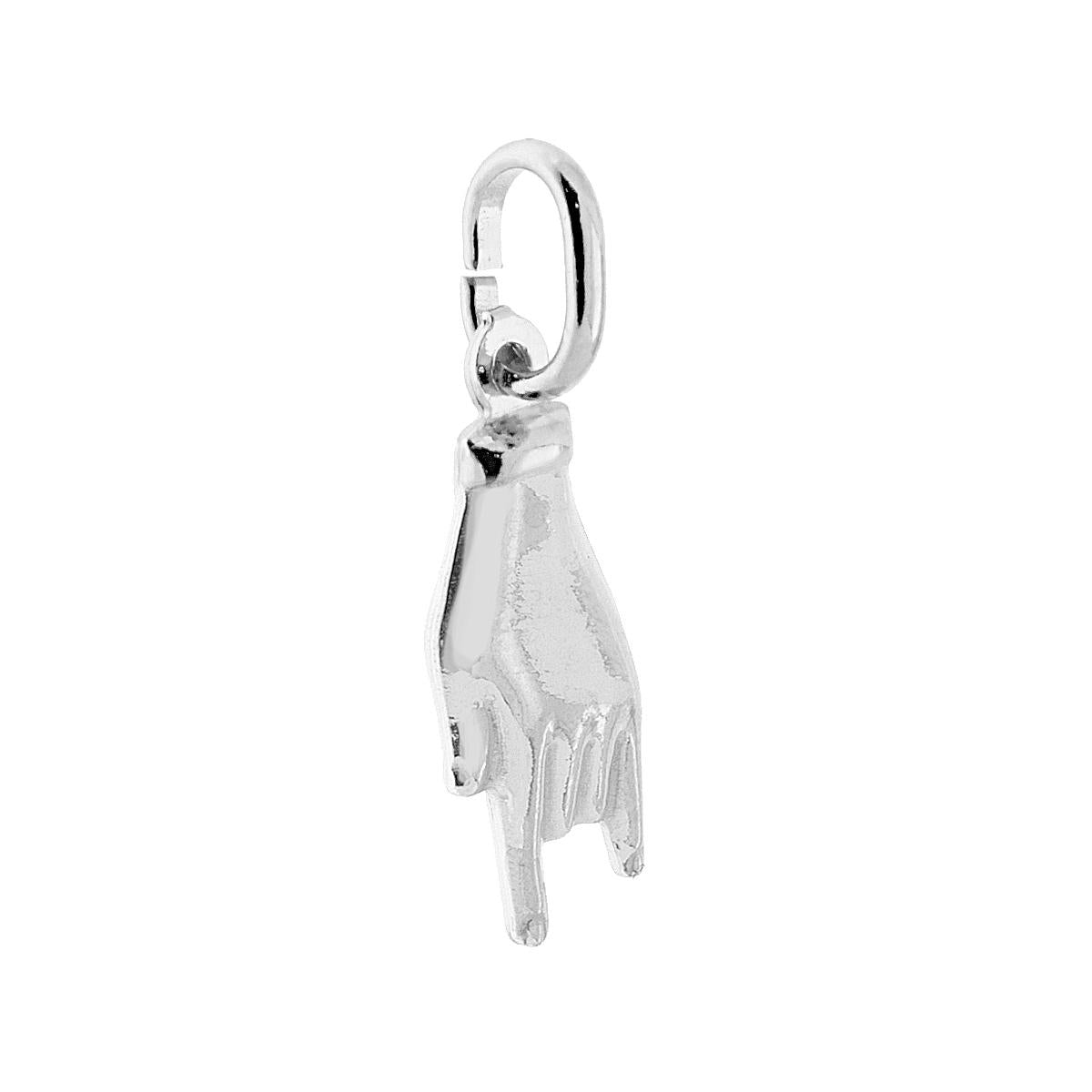 Ciondolo a forma di Mano con Corna portafortuna in Argento Galvanica Rodio.<BR>Made in Italy