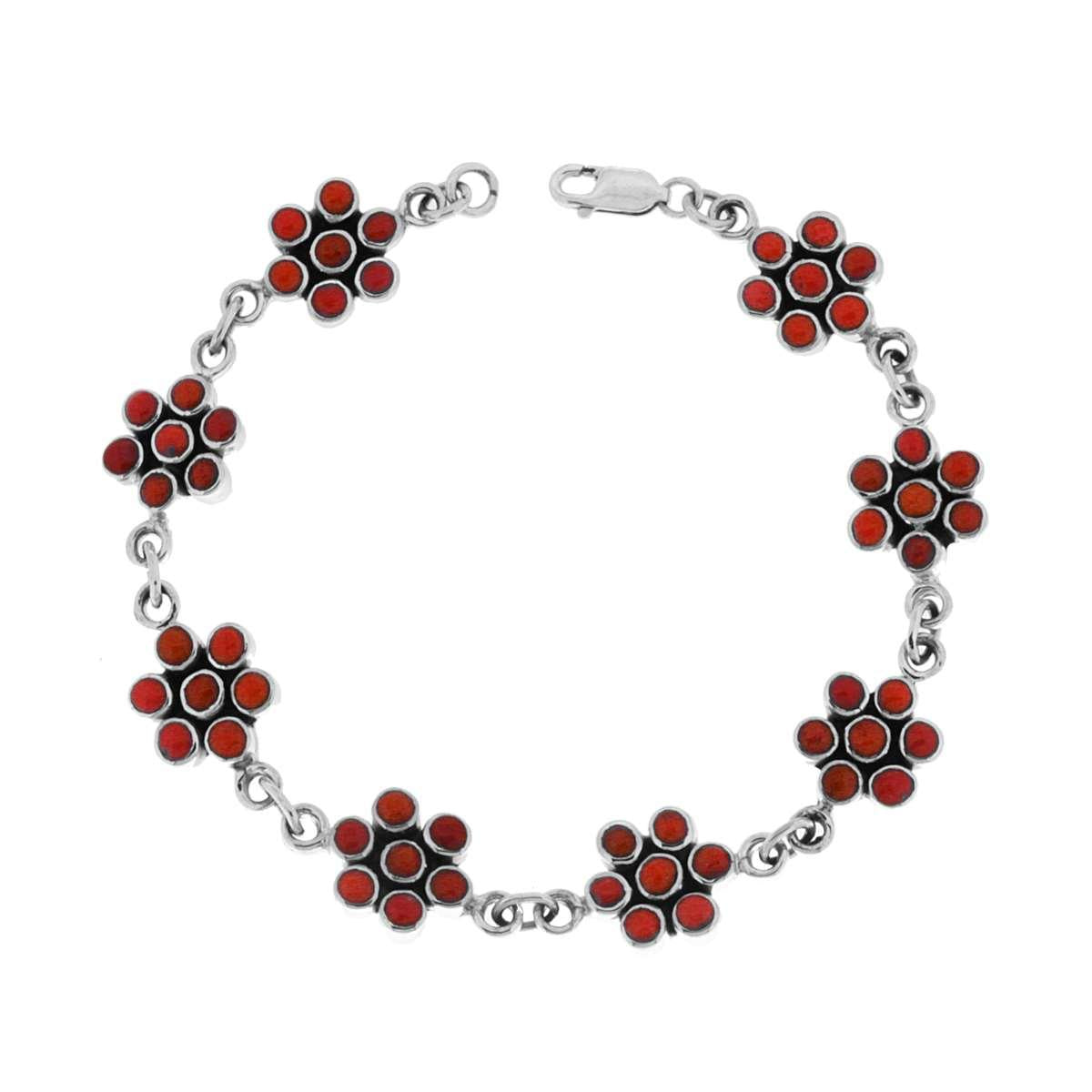 Bracciale Etnico Thailandese Fiori con Pietre Corallo in ARGENTO 925
