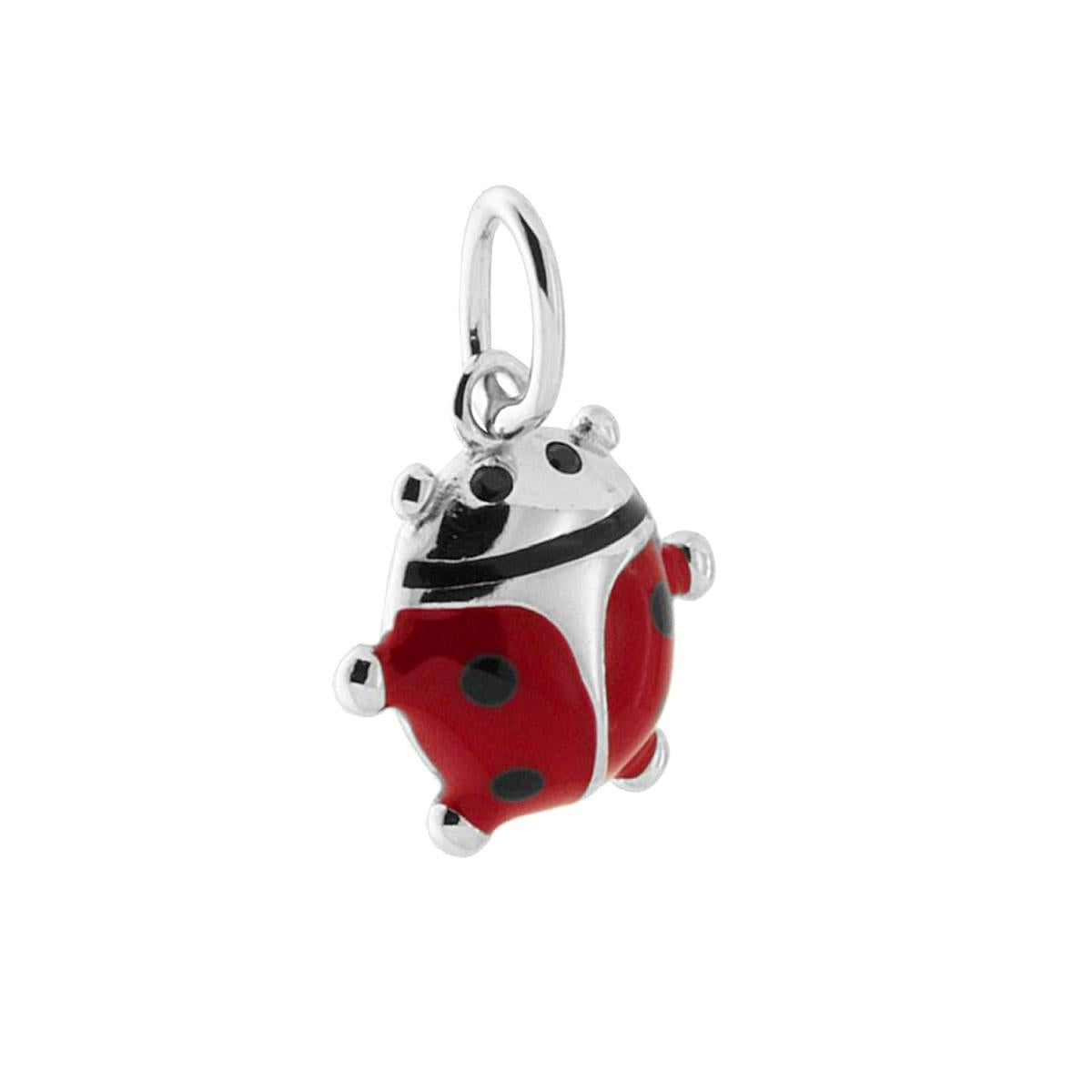 Ciondolo per Bimbo e Bimba, a forma di Coccinella con applicazione smalto colore Rosso e Nero.