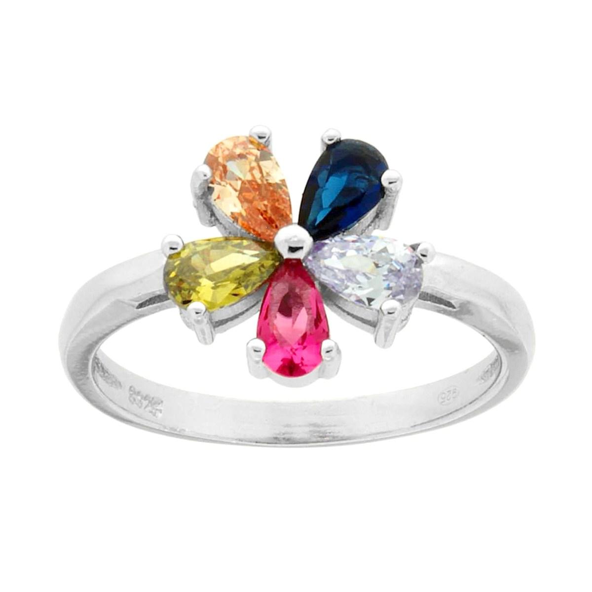 Anello Fiore con Cubic Zirconia Rainbow Multicolor in ARGENTO 925 Galvanica Rodio