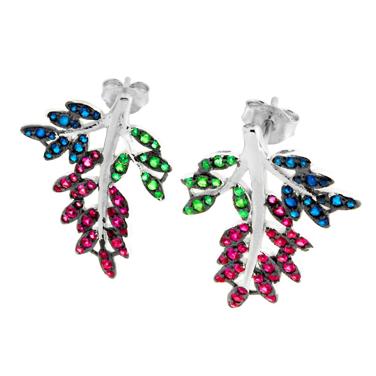 Orecchini Foglia con Zirconi Rosso Rubino Verde Smeraldo e Blu Zaffiro in ARGENTO 925 Galvanica Rodio