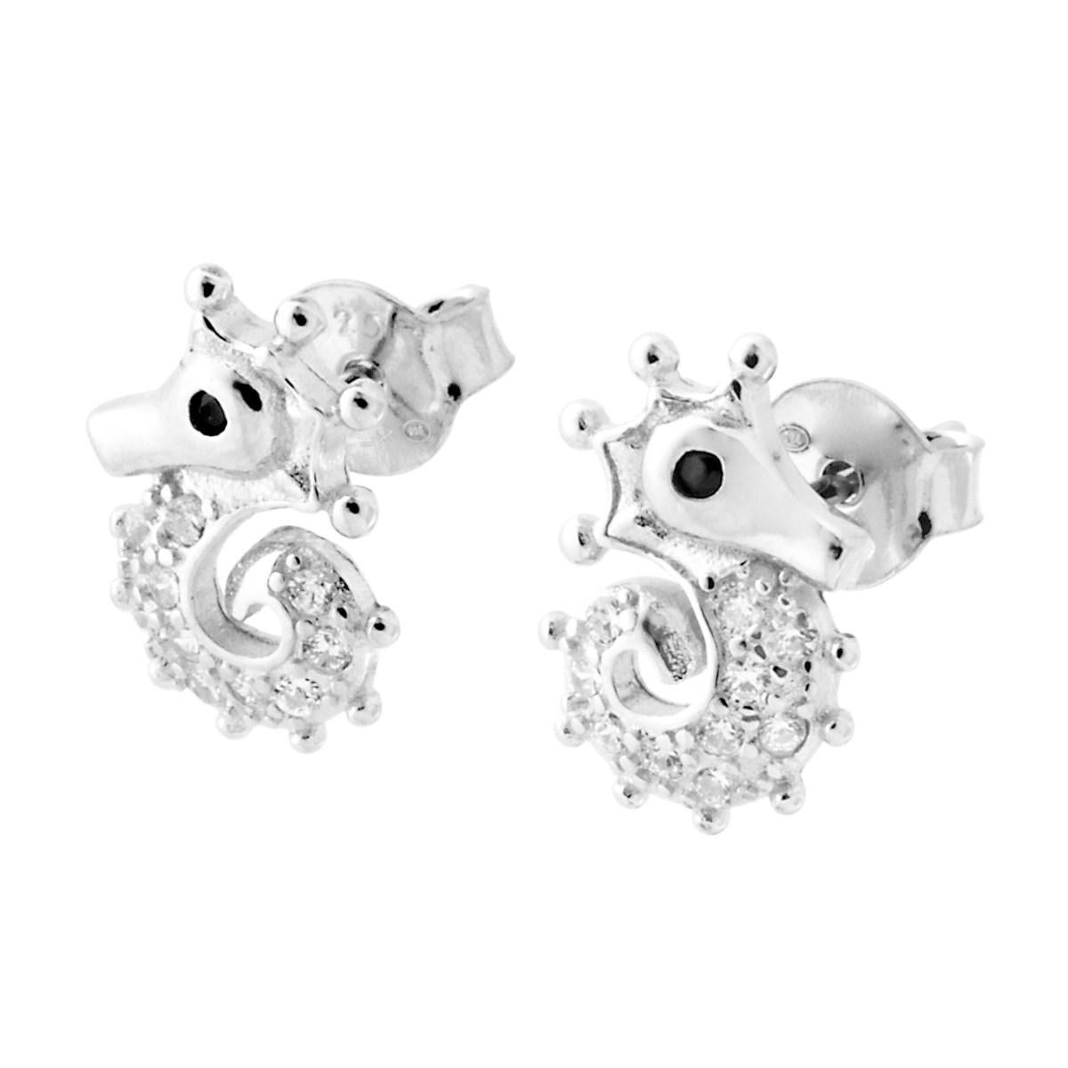 Orecchini Cavalluccio Marino con Zirconi Bianchi in ARGENTO 925 Galvanica Rodio