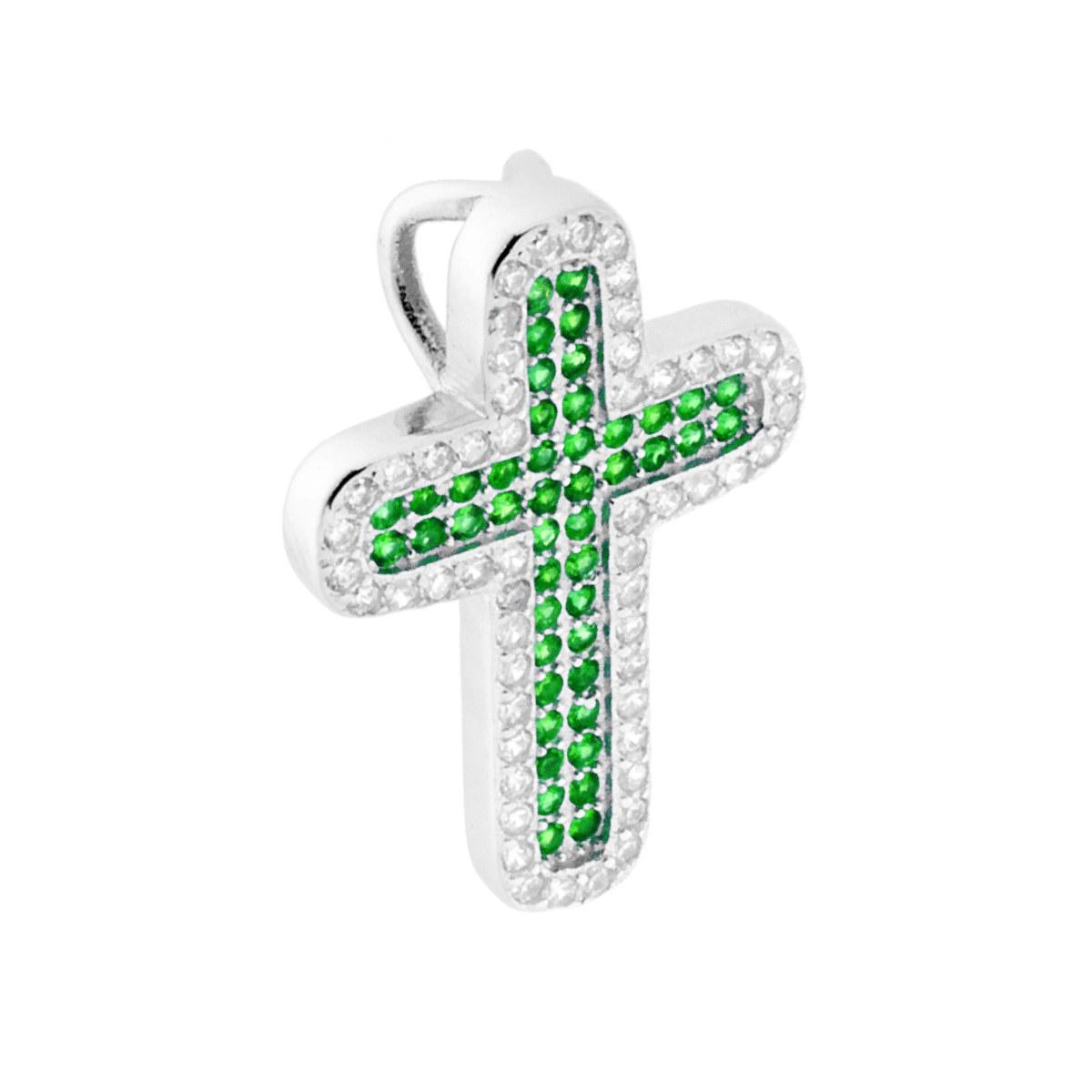 Ciondolo a forma di Croce con Zirconi Verde Smeraldo cotornati da Zirconi Bianchi.