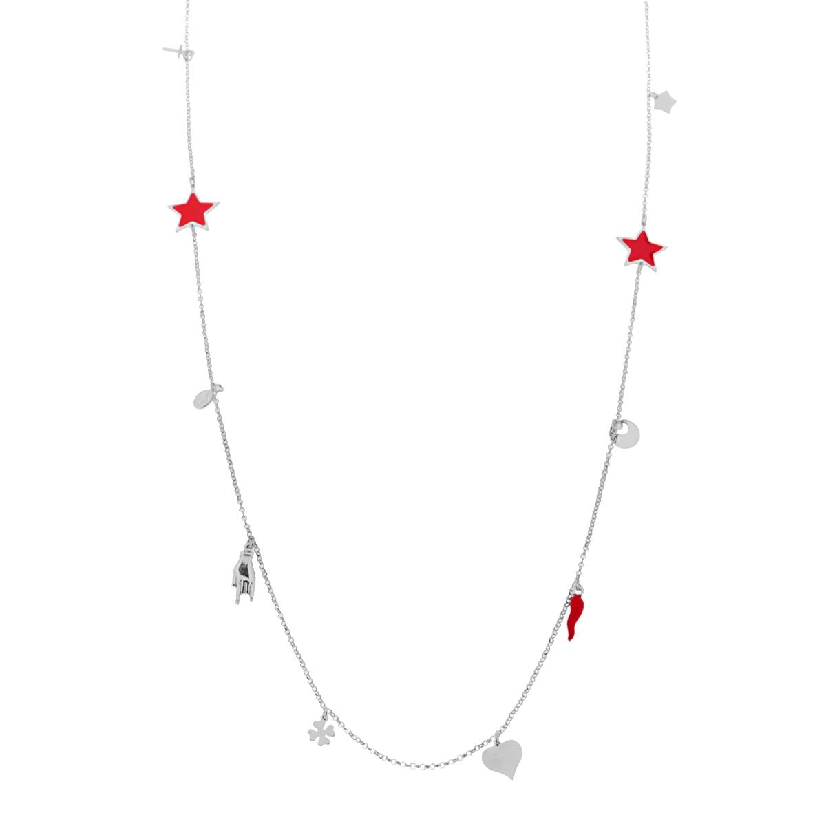Collana Lunga con Catena Rolo con Charms Portafortuna Pendenti con Smalto Rosso in ARGENTO 925 Galvanica Rodio