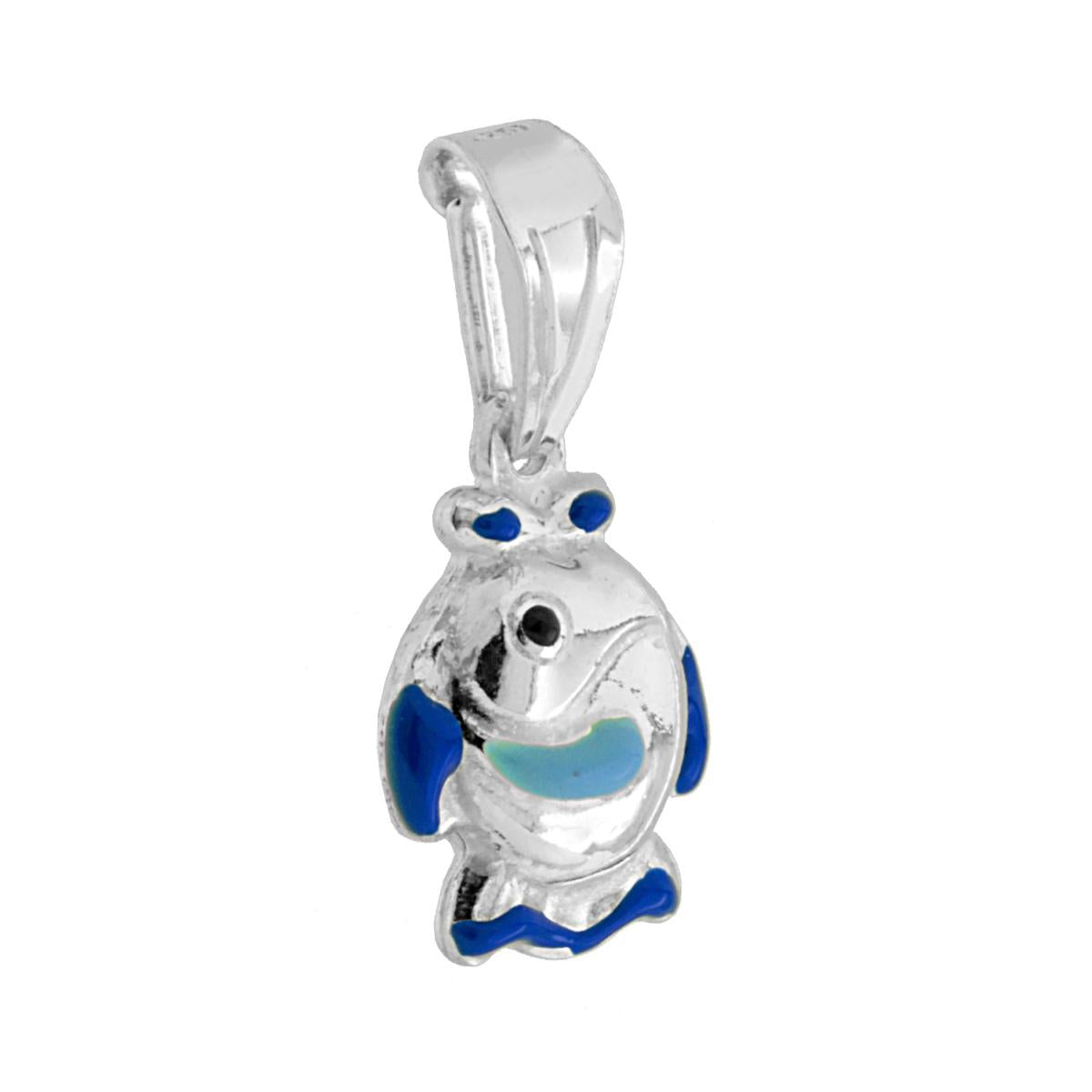 Ciondolo bombato, effetto tridimensionale, per Bimbo e Bimba, a forma di pesciolino con applicazione smalto colore Azzurro.<BR>Made in Italy