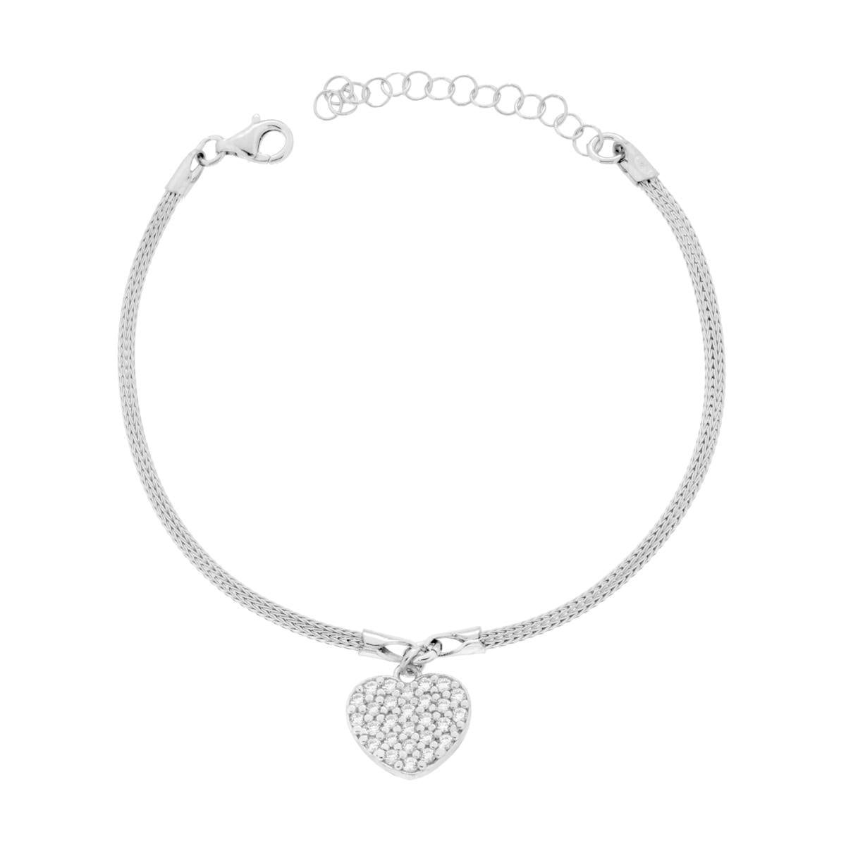 Bracciale Catena Calza con Cuore pendente e Zirconi Bianchi in ARGENTO 925 Galvanica Rodio