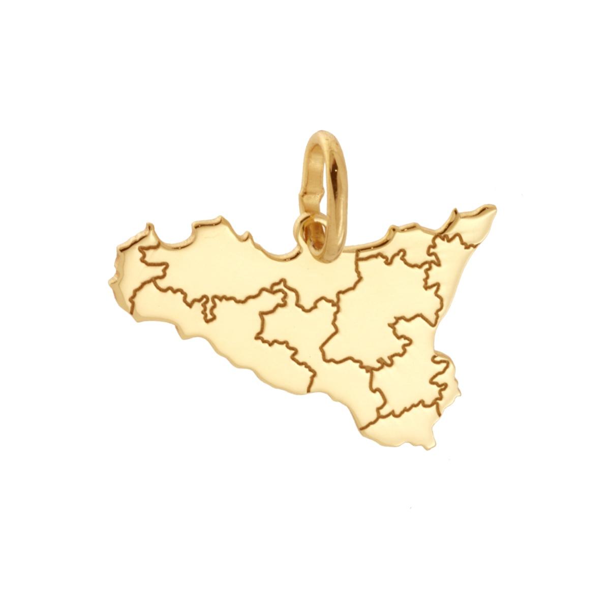 Ciondolo sagoma a forma di Sicilia con lavorazione liscia e lucida. Incisione laser con province.<BR>Made in Italy