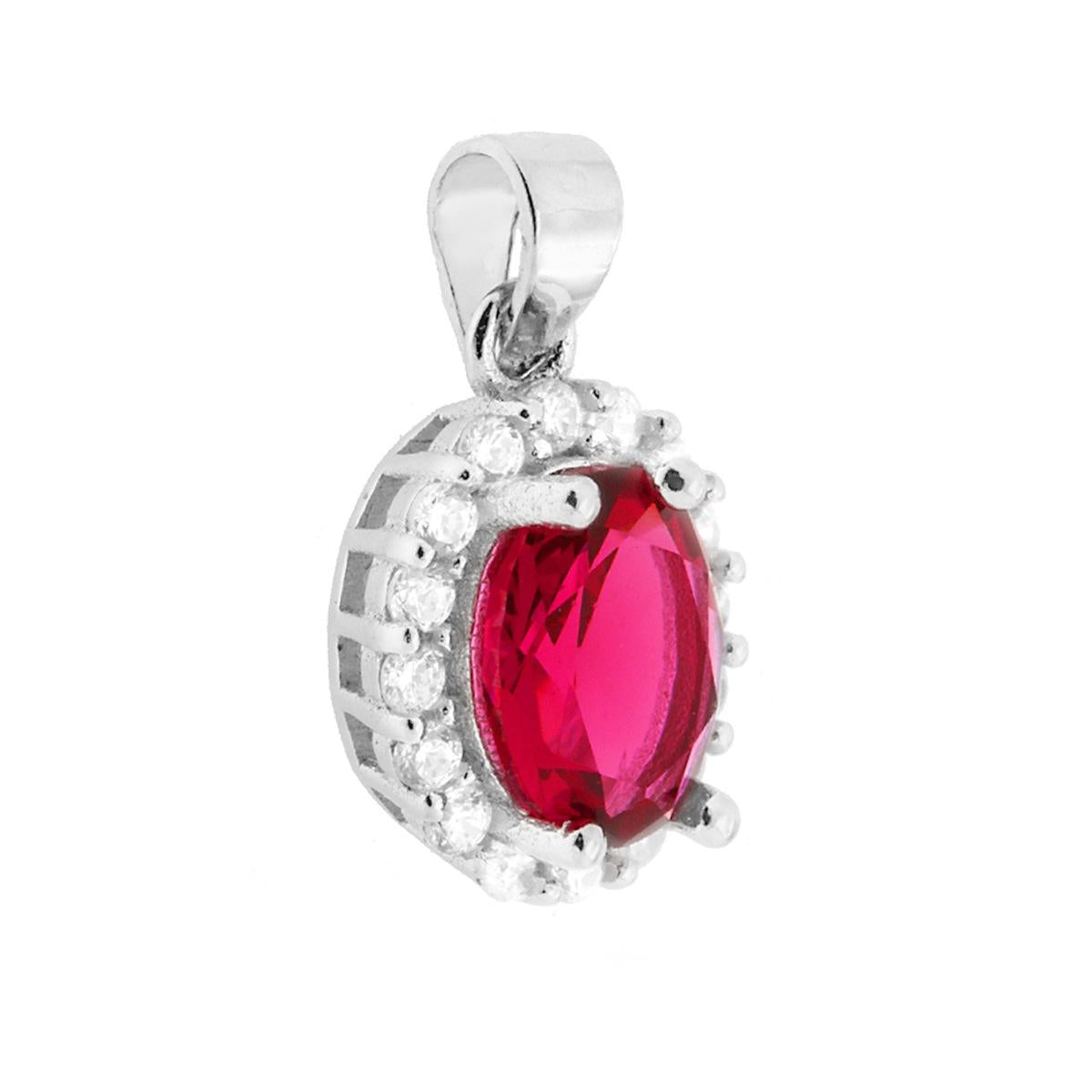 Ciondolo a forma ovale con Zircone Rosso Rubino contornato da Zirconi Bianchi.